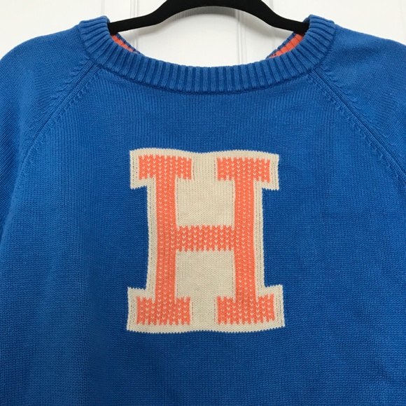 Y2K Tommy Hilfiger Cotton Blend Crewneck Sweater L Blue Orange White Long Sleeve - Picture 3 of 8